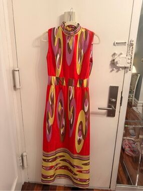 Vintage Sleeveless Red Maxi Dress with Retro Multicolor Print
